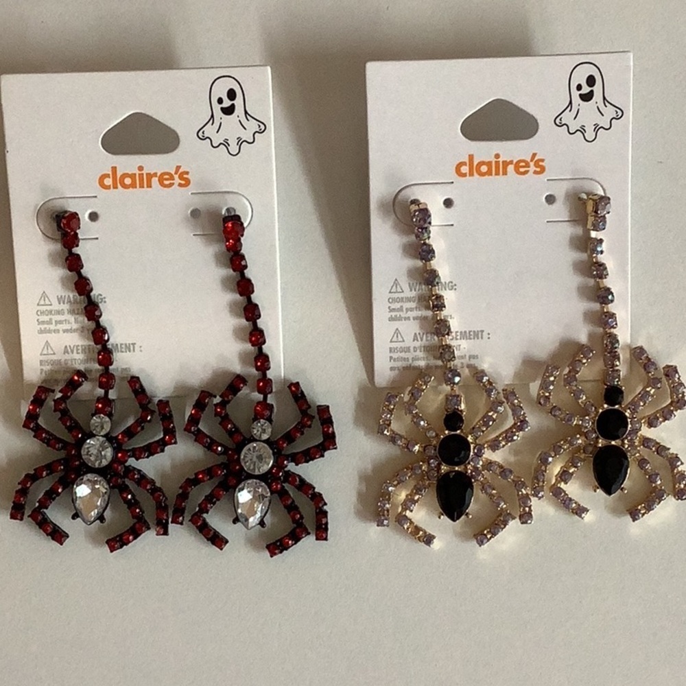 Claire's Red/Black and Gold Bedazzled Dangling Spider Earrings. New In Package.